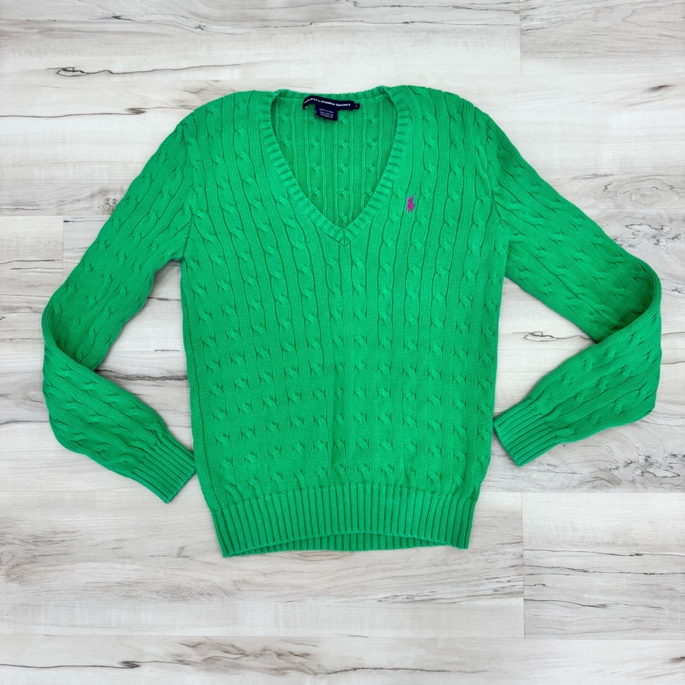 Ralph Lauren Sport V neck sweater 100% Cotton Classic Vintage Cable knit sz Lg